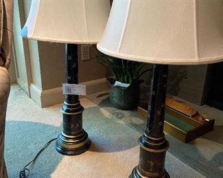 pair of black and gold detailed candlestick lamps 37"h $400 for the pair