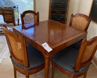 Game table with inlay and four chairs  excellent condition $1200 circa 1920's Table is 32"sq by 29"h
