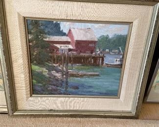 Ned Mueller  Boathouse scene $880 or best offer art measures 11.75" x 9.75"