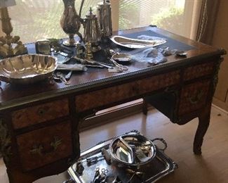 Antique writing desk with leather inlay $2800 gorgeous and a photo without sterling and silver-plate will be added on Tuesday.  