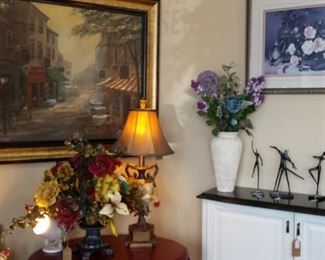 GORGEOUS ARTWORK AND OIL PAINTINGS! LAMPS, VASES, FLORAL ARRANGEMENTS, CUSTOM CABINETRY! BRONZE DANCERS STATUES BY BODRUL KHALIQUE!