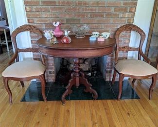 Drum table with parlor chairs