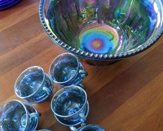 Carnival glass punch bowl set