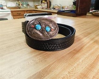 belt with sterling silver buckle, turquoise & coral stones