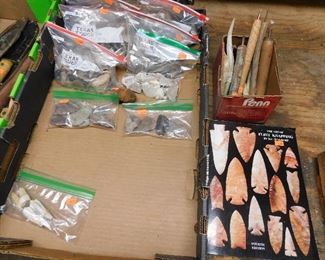 flint chips, broken arrow heads,  knapping tools & book