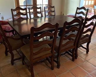 Klaussner Int'l Dining Table w Trestle Base,                             8 Ladderback Side Chairs &  2 Arm Chairs 