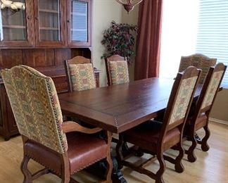 Gorgeous Fiesta Furnishings Trestle Table w Iron Accents, 2 Arm Chairs, 4 Side Chairs  and Matching Buffet