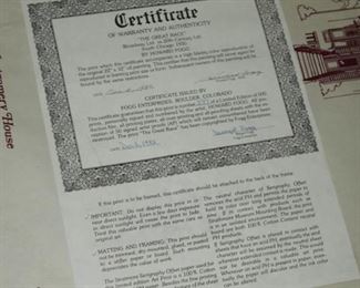 Certificate of authenticity for the Fogg lithograph