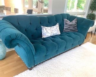 Pair of matching Chesterfield sofas in chartreuse upholstery