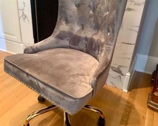 Gray velvet desk chair with brass legs