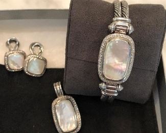David Yurman Mother of Pearl and Diamonds, Earings, Pendant, Double cable Bracelet