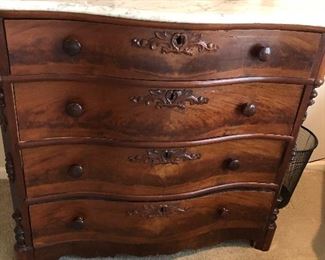Antique Victorian, Serpentine front, marble topped chest of drawers