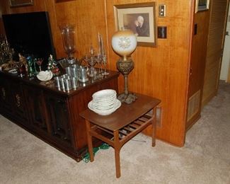 Mid Century end table, converted oil lamp