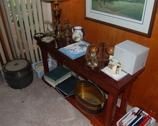 library table, Goebel figurine, mid century fan