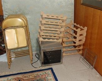 wine fridge and wine racks, card table chairs
