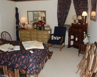 Cylinder desk, folding table and card table chairs