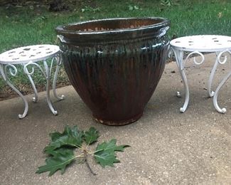 Wrought Iron Plant Stands and Glazed Large Planter