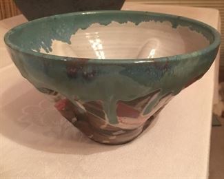 Handmade Pottery Piece Aqua and Reds