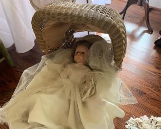 VINTAGE WICKER DOLL CARRIAGE WITH DOLL
