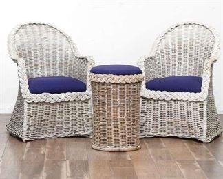 Set 3 White Braided Wicker Armchairs & End Table