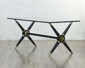 Modernist X-Leg Trestle Dining Table W Glass Top 