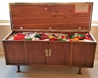 Mid-century modern lane hope chest. Fabulous! Handmade Christmas items inside this chest.