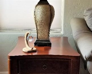 Matching side table to the coffee table. Has a drawer. Lamp also for sale.