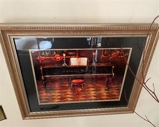 Framed print of antique piano, piano stool, more