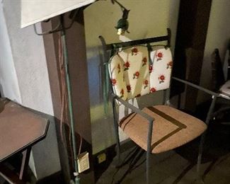 Antique floor lamp, metal arm chair