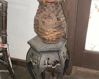 Unique antique table, woven basket