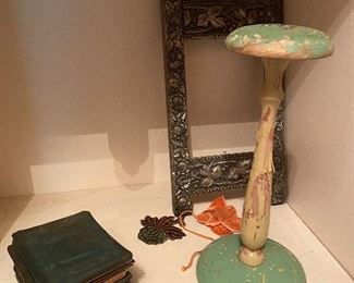Antique small books, frame, hat stand