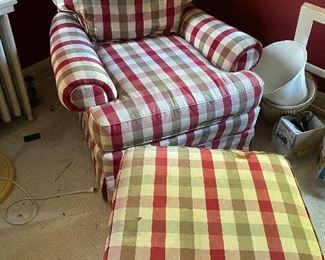 Plaid arm chair with ottoman