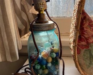 Antique marbles in Ball jar transformed into a lamp