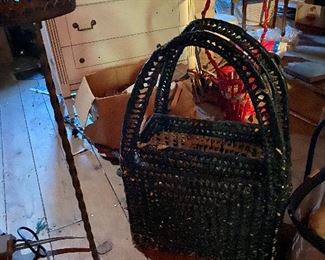 Antique metal plant stand, antique basket