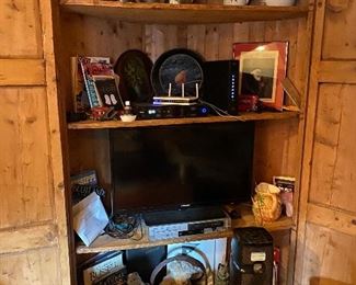 Corner cabinet, antique wood stool, pewter, TV, VHS/DVD player