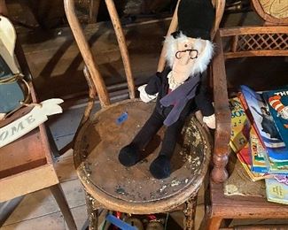 Antique ice cream parlour chair, Muppets...maybe Scrooge... doll, large vintage jingle bells