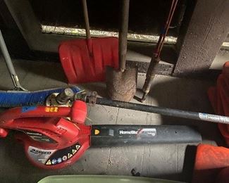 Leaf blower, broom, shovels
