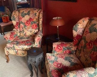 Matching arm chairs, antique end tables, metal lamp shade
