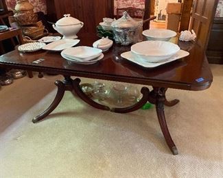 Duncan Phyfe dining room table, serving dishes