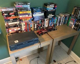 VHS tapes and player, two end tables