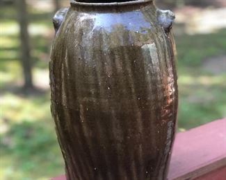 Lot 2: Catawba Valley Jar, Some slight dull chips and nicks due to age, No cracks; Markings: Single incised mark at bottom/body of the jar; Measuring 12" tall, 8" widest point. Purchase Price: $150.