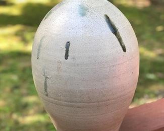 Lot 4: "3" Ovoid Jug w/ Salt Glaze Drips, Broken Handle; Measuring: 17" tall, 10" widest point. Some dull flakes, knicks and chips due to age and normal wear. Price: $280