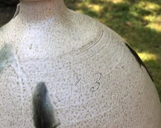 Lot 4: "3" Ovoid Jug w/ Salt Glaze Drips, Broken Handle; Measuring: 17" tall, 10" widest point. Some dull flakes, knicks and chips due to age and normal wear. Price: $280