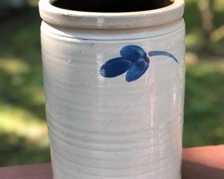 Lot 5: "1 1/2" Salt Glaze Stoneware Crock w/ Cobalt Brush; Measuring: 11" tall, 7.5" widest point. Cracked. Price: $35