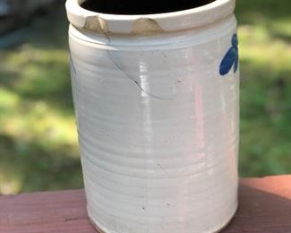 Lot 5: "1 1/2" Salt Glaze Stoneware Crock w/ Cobalt Brush; Measuring: 11" tall, 7.5" widest point. Cracked. Price: $35