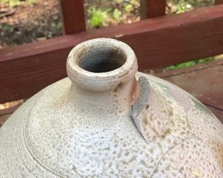 Lot 4: "3" Ovoid Jug w/ Salt Glaze Drips, Broken Handle; Measuring: 17" tall, 10" widest point. Some dull flakes, knicks and chips due to age and normal wear. Price: $280