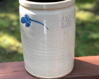 Lot 5: "1 1/2" Salt Glaze Stoneware Crock w/ Cobalt Brush; Measuring: 11" tall, 7.5" widest point. Cracked. Price: $35
