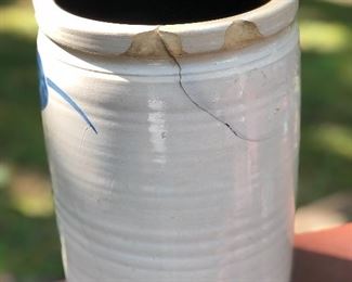 Lot 5: "1 1/2" Salt Glaze Stoneware Crock w/ Cobalt Brush; Measuring: 11" tall, 7.5" widest point. Cracked. Price: $35