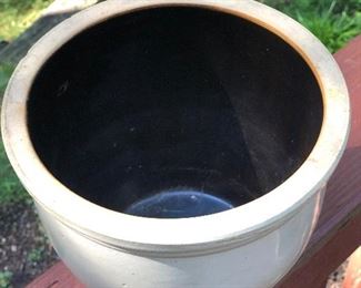 Lot 6: Plain Salt Glaze Crock; Measuring: 7.5" tall, 8" widest point. Some nicks and dings due to age. Price: $25