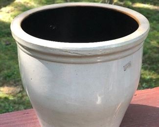 Lot 6: Plain Salt Glaze Crock; Measuring: 7.5" tall, 8" widest point. Some nicks and dings due to age. Price: $25